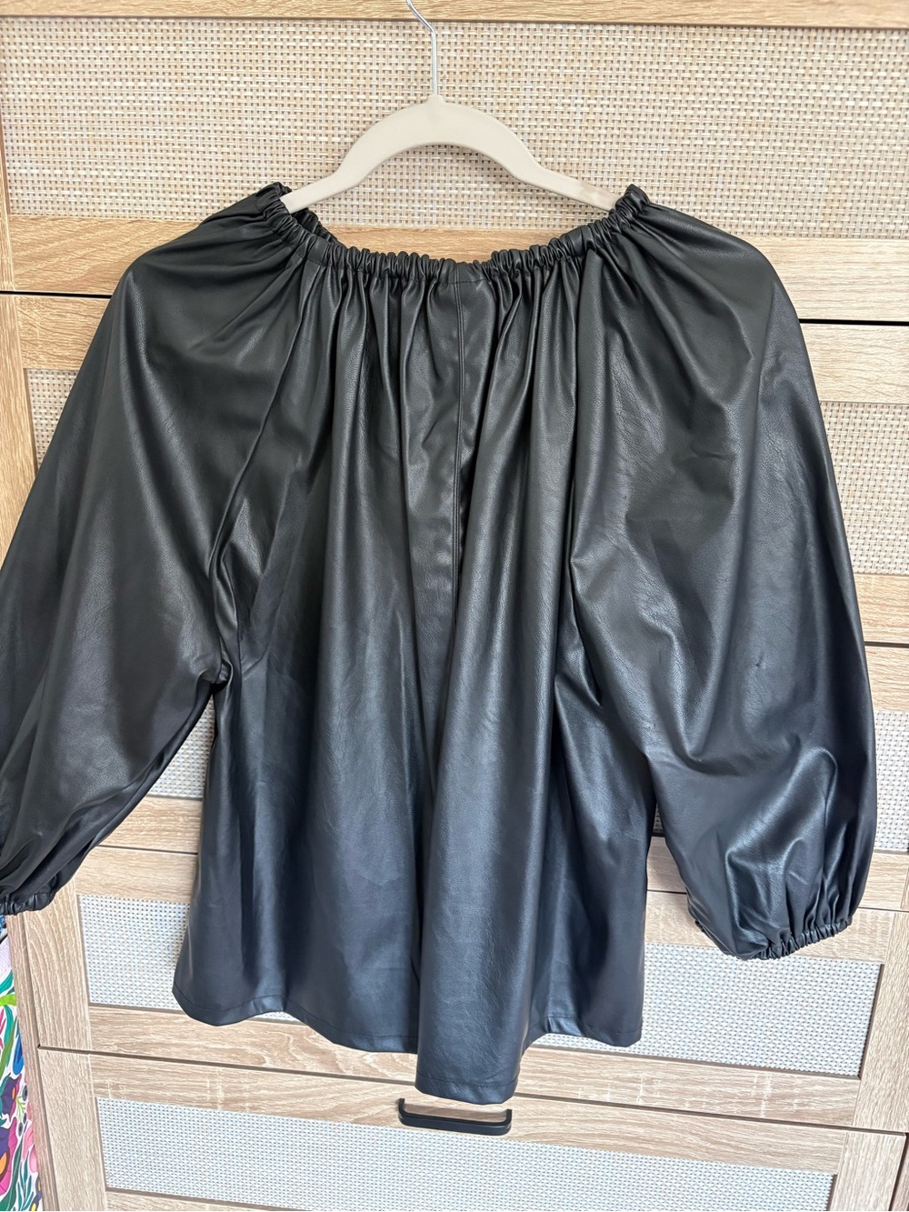 Who What Wear Black Faux Leather Top with Gathered Neckline - Picture 4 of 4